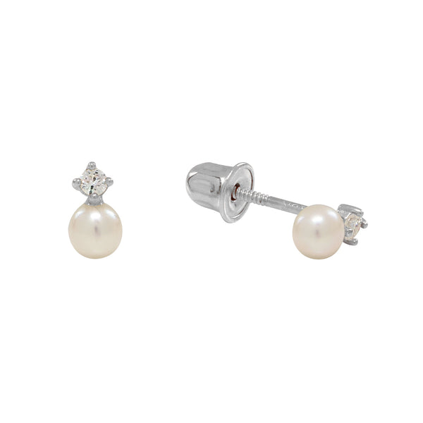 10k Solid Gold CZ / Pearl Studs - White Gold - Earrings - Ofina