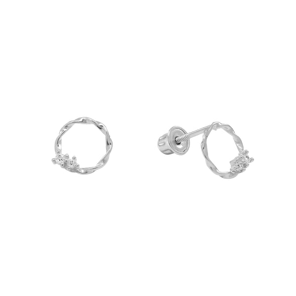 10k Solid Gold CZ Twisted Circle Studs - White Gold - Earrings - Ofina