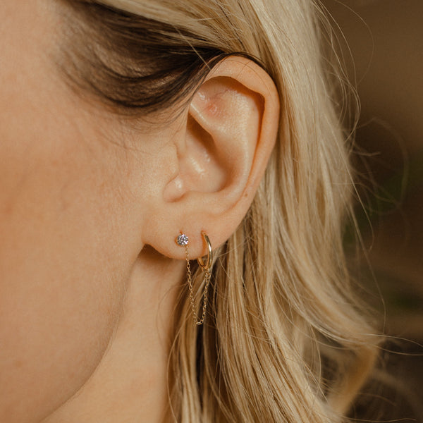 14k Solid Gold CZ & Huggie Chain Studs - - Earrings - Ofina
