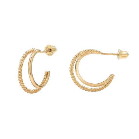 SALE - 10k Solid Gold Twisted & Smooth Double Huggie Studs - Yellow Gold - Earrings - Ofina