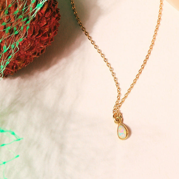 Tiny Elongated Teardrop Opal Necklace - - Necklaces - Ofina