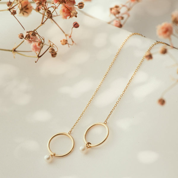 14k Solid Gold Circle & Pearl Ear Threaders - - Earrings - Ofina