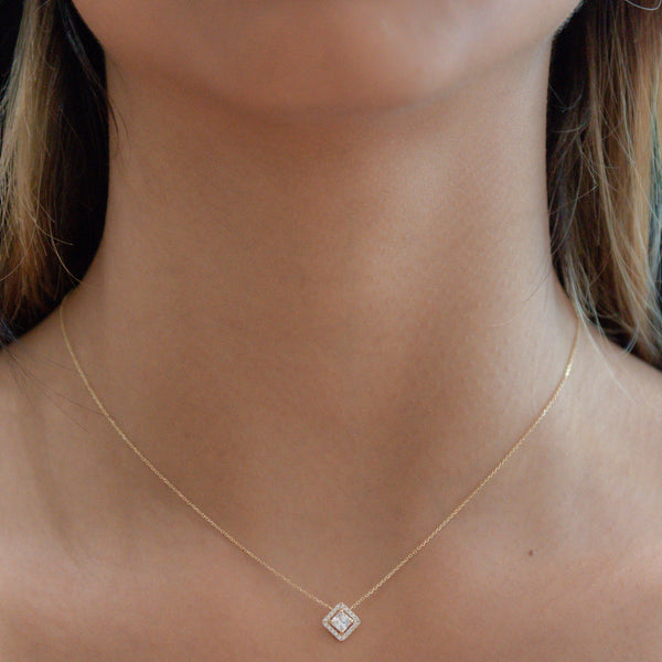 14k Solid Gold CZ Princess Cut Halo Necklace - - Necklaces - Ofina