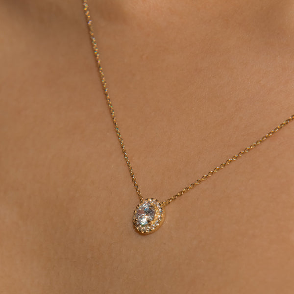 14k Solid Gold CZ Round Halo Necklace - - Necklaces - Ofina