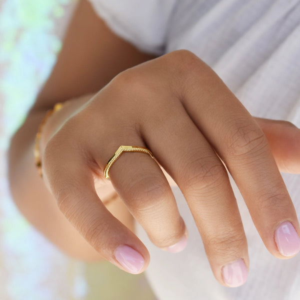10k Solid Gold Textured & Smooth Chevron Ring - - Rings - Ofina