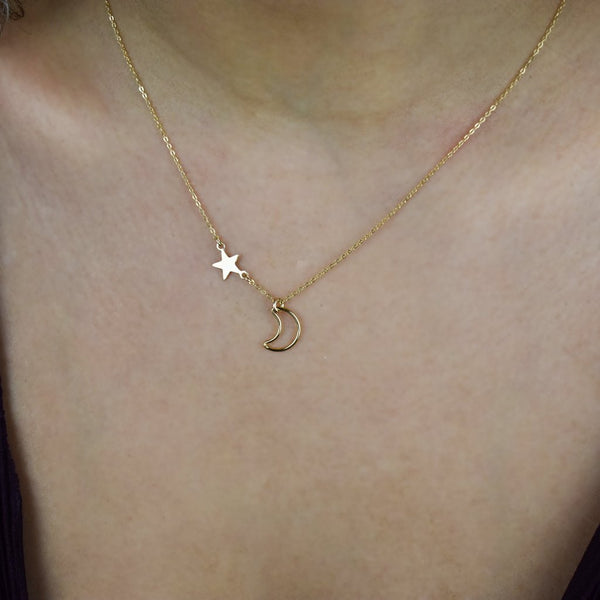 Moon Outline & Star Necklace - - Necklaces - Ofina