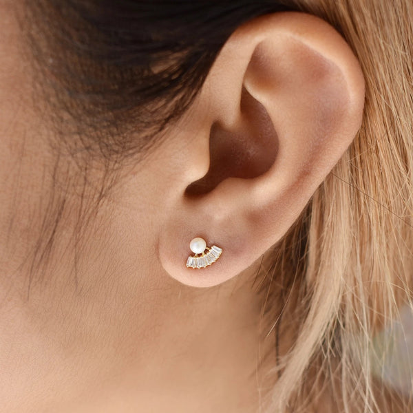 10k Solid Gold CZ Baguette Fan & Pearl Studs - - Earrings - Ofina