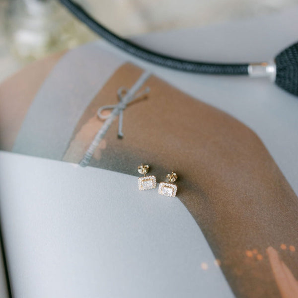 14k Solid Gold CZ Cushion Halo Studs - - Earrings - Ofina
