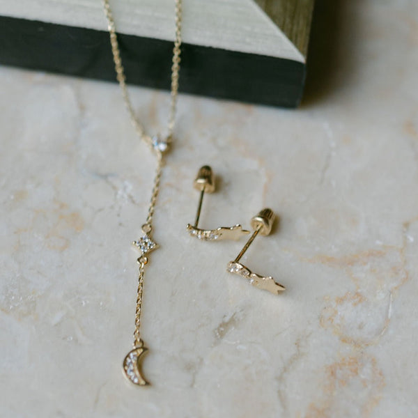 SALE - 14k Solid Gold Star & CZ Half-Moon Studs - - Earrings - Ofina