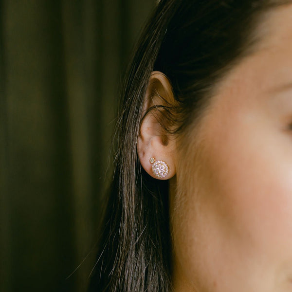 18k Solid Gold Round Halo Diamond Studs - - Earrings - Ofina