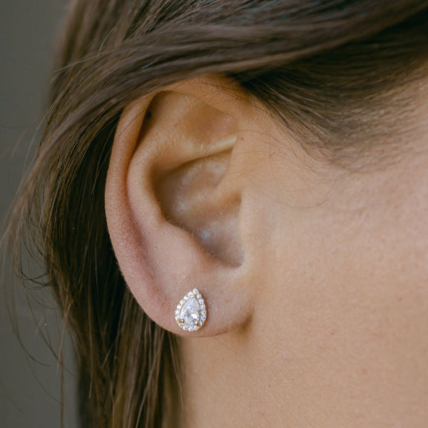 SALE - 14k Solid Gold CZ Teardrop Halo Studs - - Earrings - Ofina