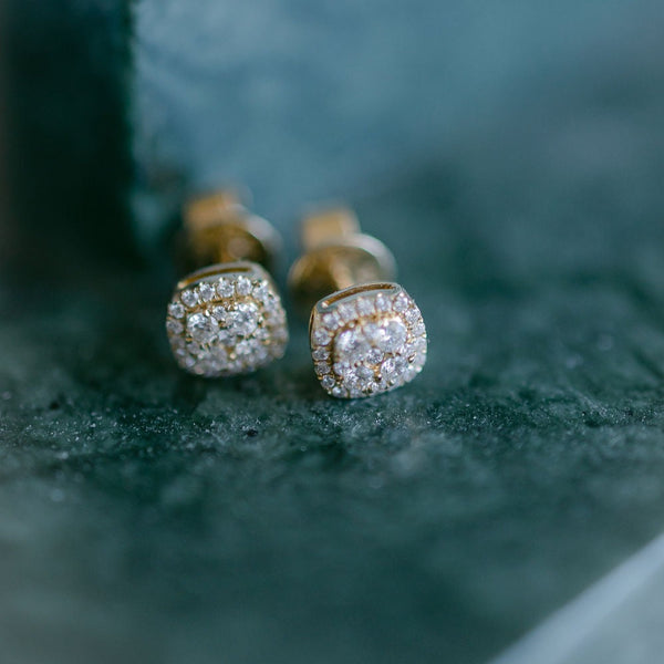 18k Solid Gold Cushion Halo Diamond Studs - - Earrings - Ofina