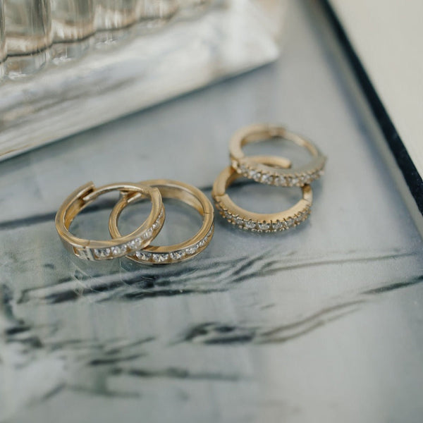 10k Solid Gold CZ Textured Channel Huggie - - Earrings - Ofina