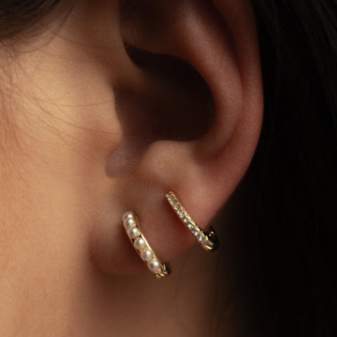 Pearl and CZ Double Hoop Huggie Earcuff - - Earrings - Ofina