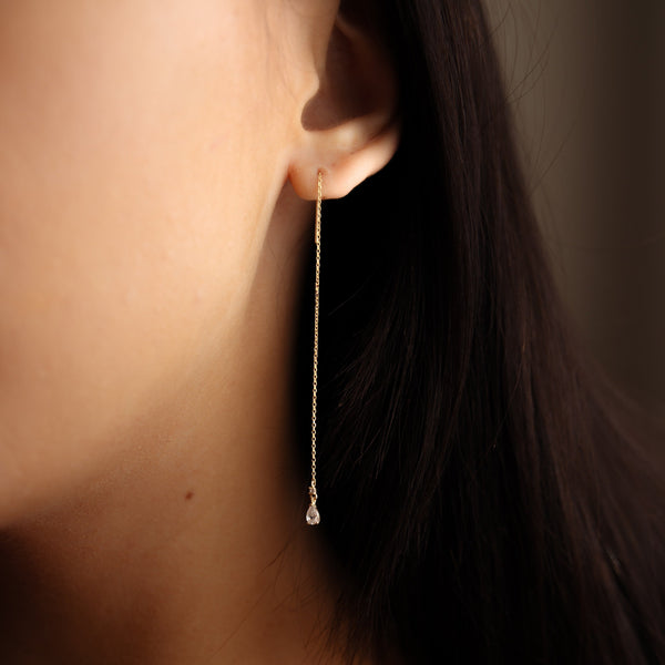 14k Solid Gold CZ Teardrop Ear Threaders - - Earrings - Ofina