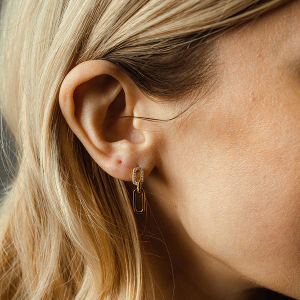 Double Smooth & CZ Oval Link Studs - - Earrings - Ofina