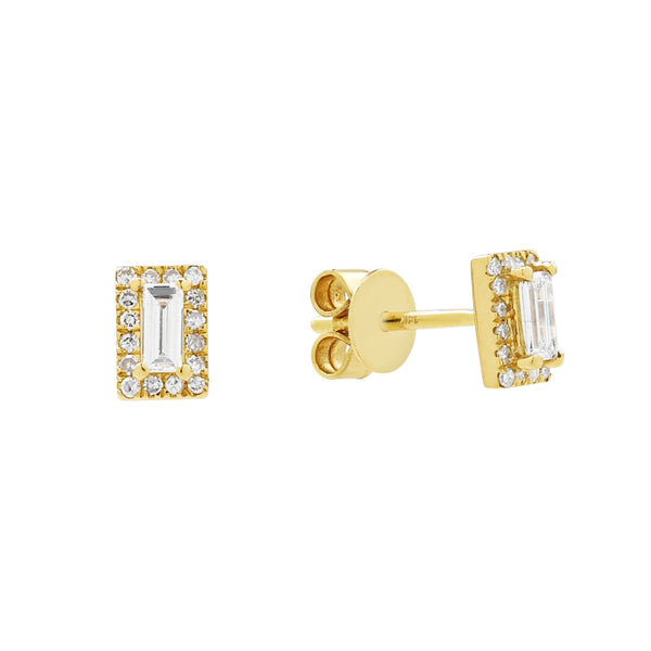 14k Solid Gold Diamond Baguette Halo Studs - - Earrings - Ofina