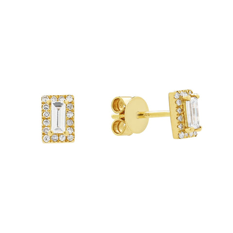 14k Solid Gold Diamond Baguette Halo Studs - - Earrings - Ofina