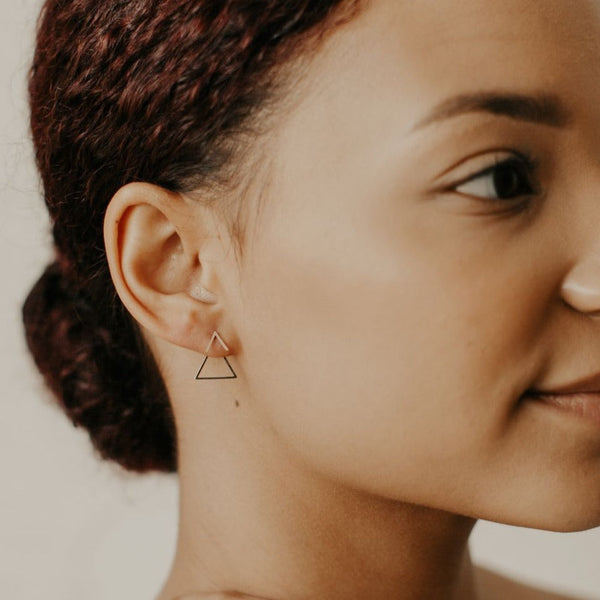 SALE - 10k Solid Gold Chevron Triangle Ear Jacket Studs - - Earrings - Ofina