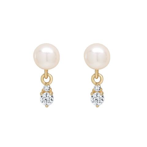 10k Solid Gold Pearl w/ Hanging CZ Studs - Yellow Gold - Earrings - Ofina