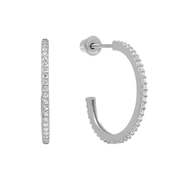 SALE - 10k Solid Gold CZ Pave Huggie/Hoop Studs - White Gold / 14mm - Earrings - Ofina