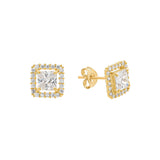 14k Solid Gold CZ Cushion Halo Studs - - Earrings - Ofina