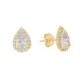 SALE - 14k Solid Gold CZ Teardrop Halo Studs - - Earrings - Ofina