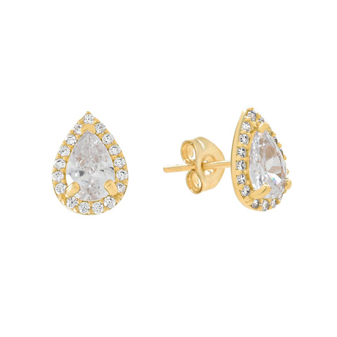 SALE - 14k Solid Gold CZ Teardrop Halo Studs - - Earrings - Ofina