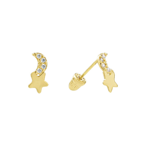 SALE - 14k Solid Gold Star & CZ Half-Moon Studs - - Earrings - Ofina