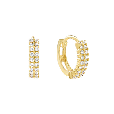 14k Solid Gold CZ Double Row Huggies - Yellow Gold - Earrings - Ofina