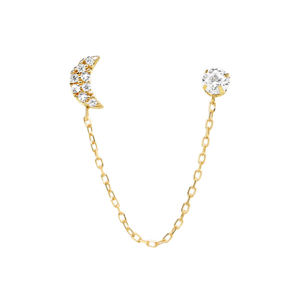14k Solid Gold CZ & CZ Half Moon Chain Studs - - Earrings - Ofina