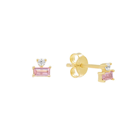 Pink Emerald CZ with Tiny Circle CZ Studs - - Earrings - Ofina
