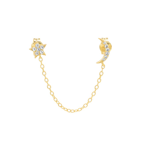 CZ Star and Moon Chain Studs - GV - Earrings - Ofina
