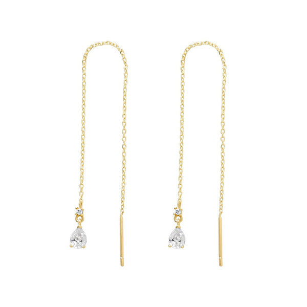 14k Solid Gold CZ Teardrop Ear Threaders - - Earrings - Ofina