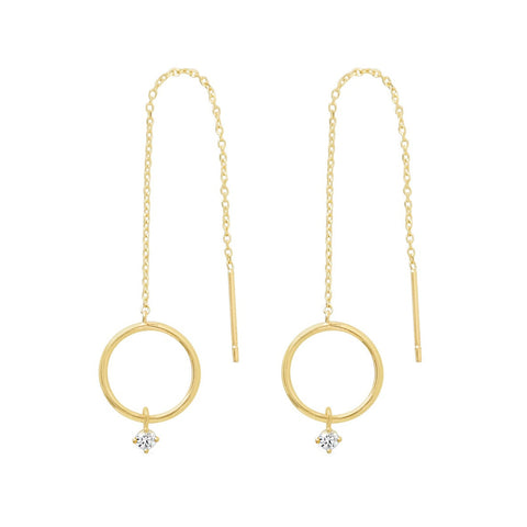 14k Solid Gold Circle w/ CZ Dangle Ear Threaders - - Earrings - Ofina