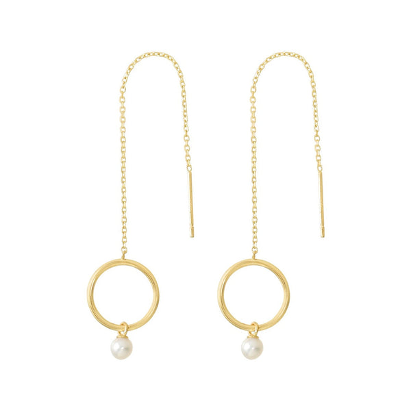 14k Solid Gold Circle & Pearl Ear Threaders - - Earrings - Ofina