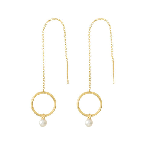 14k Solid Gold Circle & Pearl Ear Threaders - - Earrings - Ofina