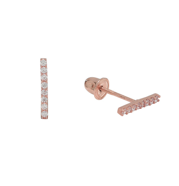 10k Solid Gold Thin CZ Bar Studs - Rose Gold - Earrings - Ofina