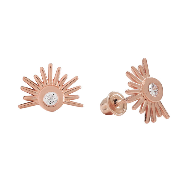 SALE - 10k Solid Gold CZ Sun Beam Studs - Rose Gold - Earrings - Ofina