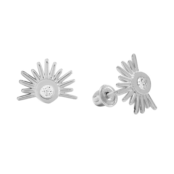 SALE - 10k Solid Gold CZ Sun Beam Studs - White Gold - Earrings - Ofina