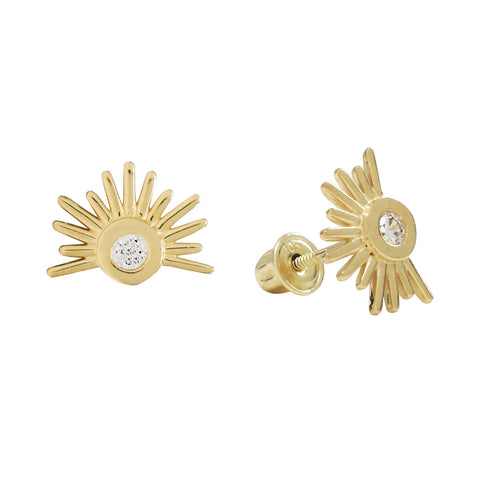 SALE - 10k Solid Gold CZ Sun Beam Studs - Yellow Gold - Earrings - Ofina