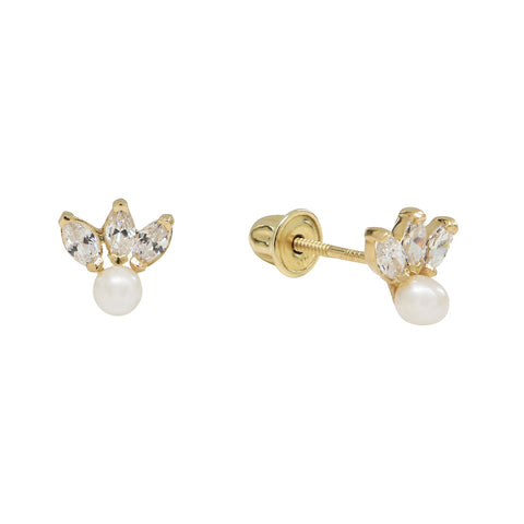 10k Solid Gold Triple CZ Marquise & Pearl Studs - Yellow Gold - Earrings - Ofina