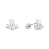 10k Solid Gold CZ Baguette Fan & Pearl Studs - White Gold - Earrings - Ofina