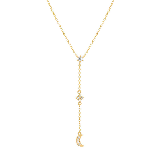 14k Solid Gold CZ Half-Moon Y-Drop Necklace - - Necklaces - Ofina