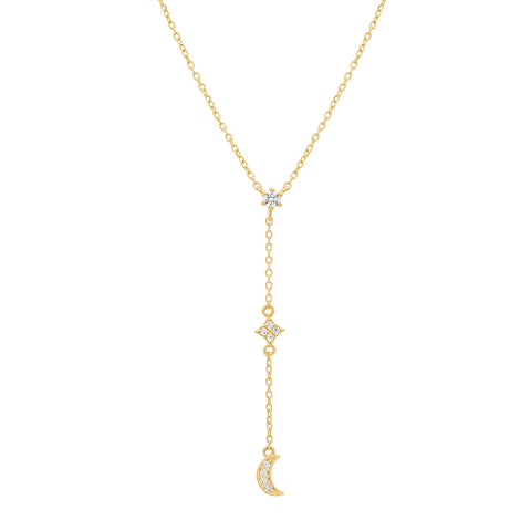 14k Solid Gold CZ Half-Moon Y-Drop Necklace - - Necklaces - Ofina