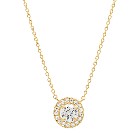 14k Solid Gold CZ Round Halo Necklace - - Necklaces - Ofina