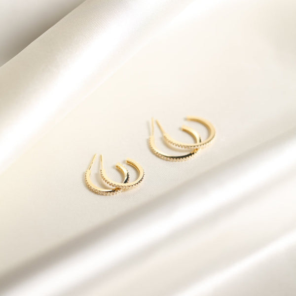 SALE - 10k Solid Gold CZ Pave Huggie/Hoop Studs - - Earrings - Ofina