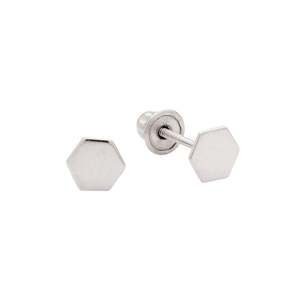 SALE - 10k Solid Gold Tiny Hexagon Studs - White Gold - Earrings - Ofina