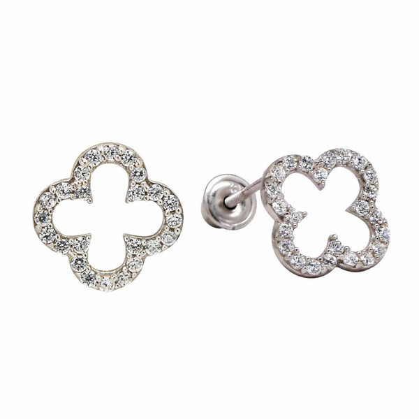 10k Solid Gold CZ Clover Studs - White Gold - Earrings - Ofina