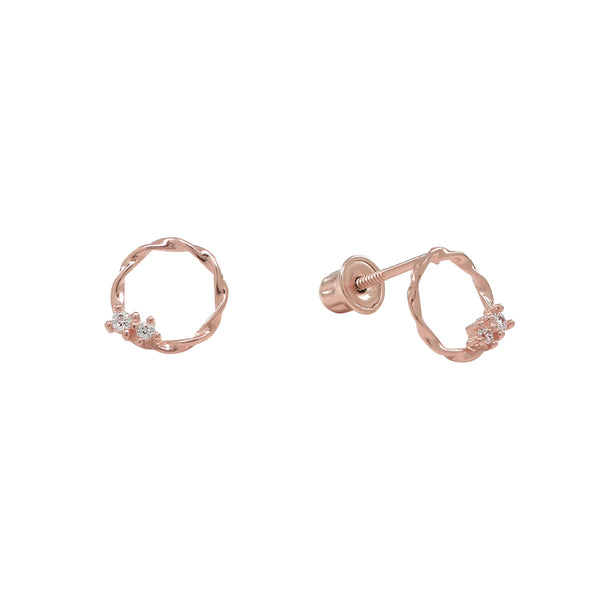 10k Solid Gold CZ Twisted Circle Studs - Rose Gold - Earrings - Ofina